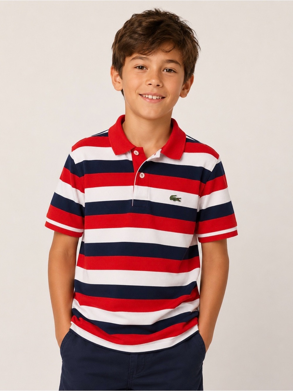 Lacoste Kids Red, White & Navy Striped Polo Shirt